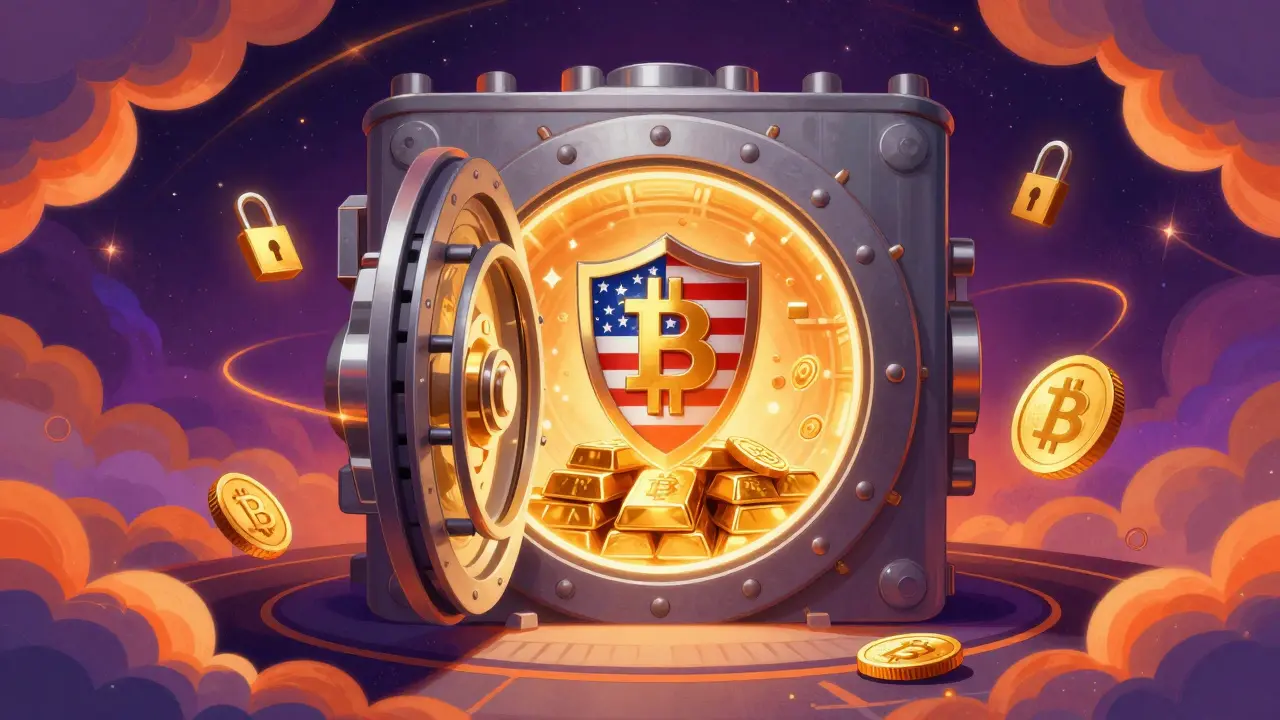 A glowing vault storing Bitcoin as a strategic reserve, protected by a shield in vibrant colors.