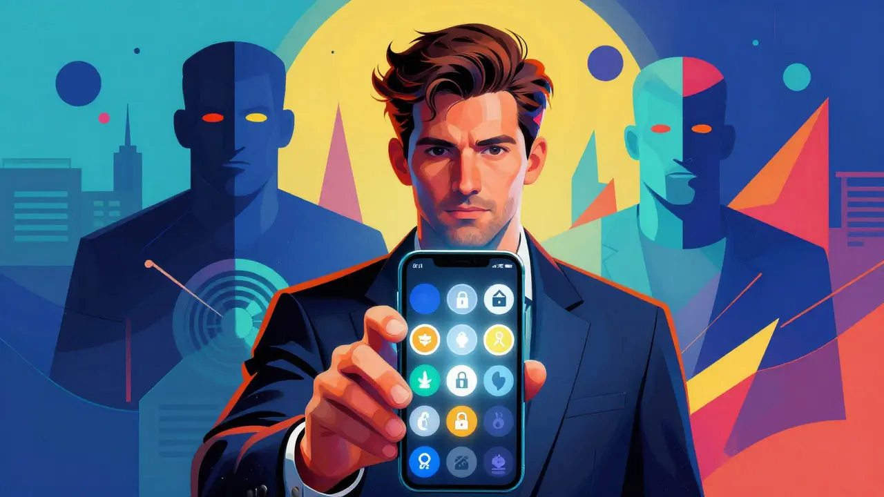 A Peter Max inspired image of a crypto trader looking at a smartphone screen divided between clear regulated assets and obscured privacy coins. Abstract, colorful geometric giants representing regulators stand in the background, creating a dreamlike and tense atmosphere with bold outlines and vibrant hues.