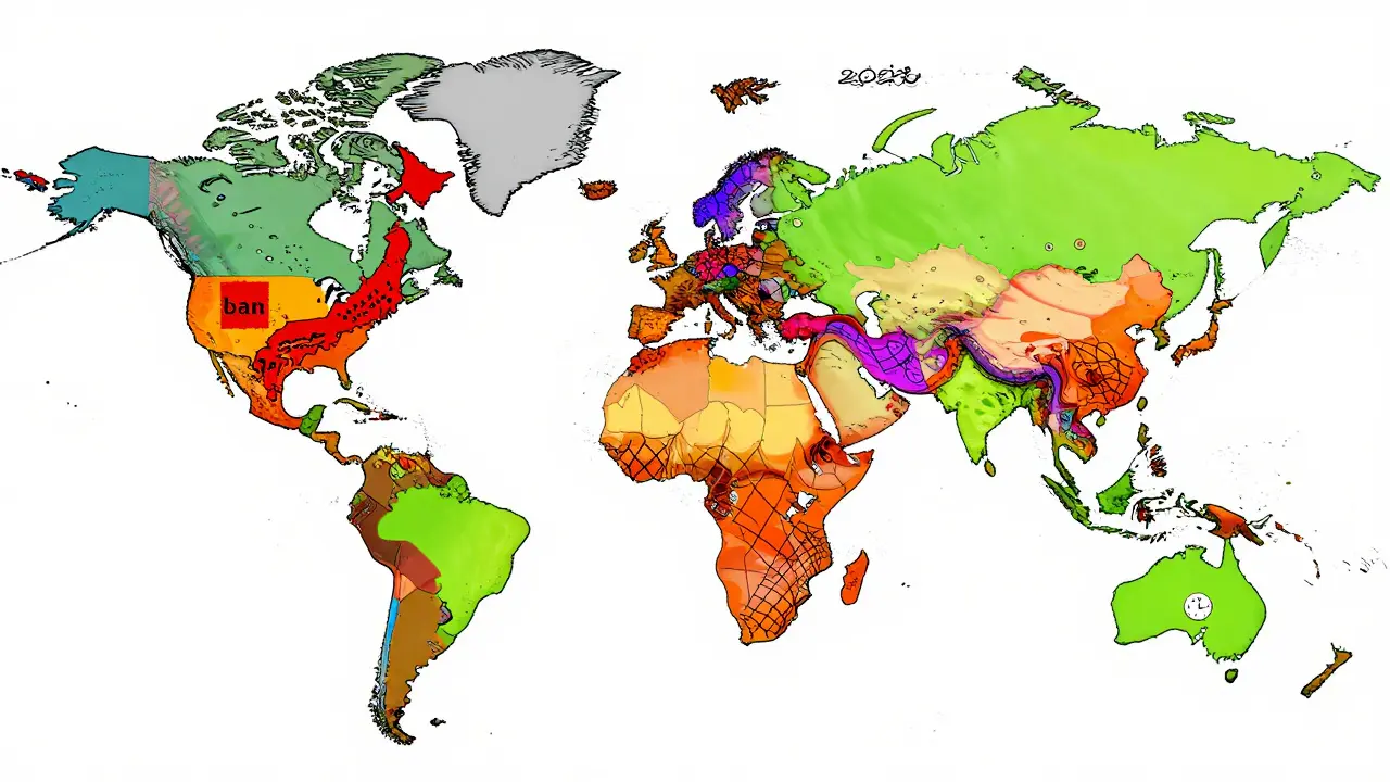 A psychedelic Peter Max style global map illustrating international privacy coin restrictions. Japan, Australia, and Europe are highlighted with distinct colors and symbols indicating bans or upcoming regulations, with privacy coins depicted as elusive figures escaping regulatory nets through colorful, interconnected swirls.