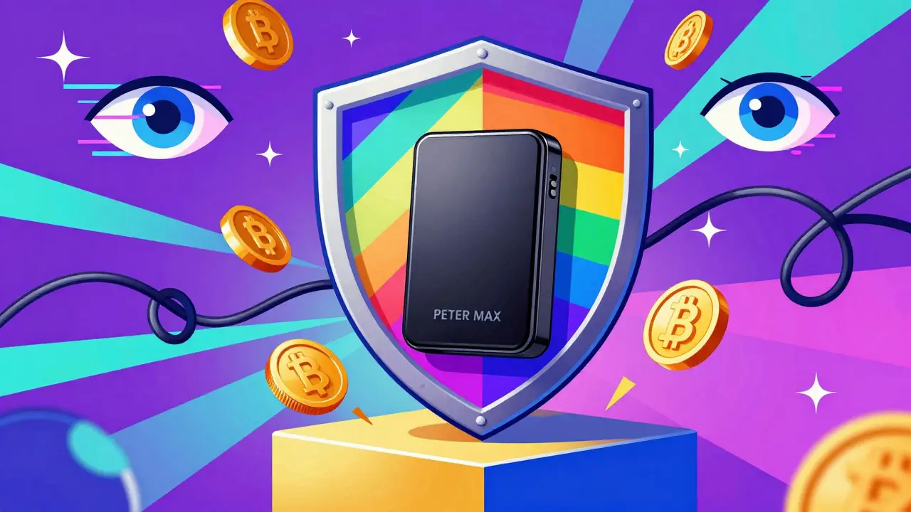 A rainbow shield protects a hardware wallet from cyber threats in colorful Peter Max illustration.