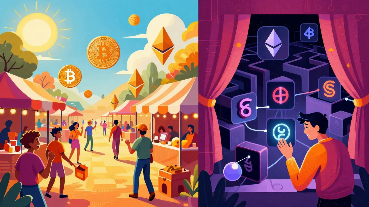 A split-scene Peter Max artwork contrasting a bright, open marketplace for transparent cryptocurrencies with a dark, maze-like area hiding privacy coins. Frustrated users attempt peer-to-peer trades in the shadows, surrounded by vivid geometric designs and retro-futuristic elements.