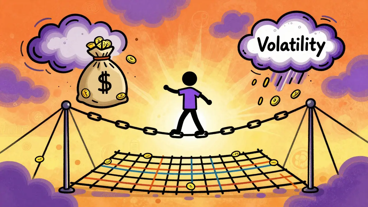 Abstract art showing investor balancing rewards and volatility on a blockchain tightrope