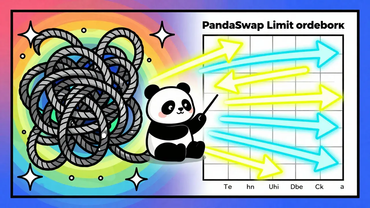 Abstract art showing precise neon arrows vs tangled knots, guided by a panda.