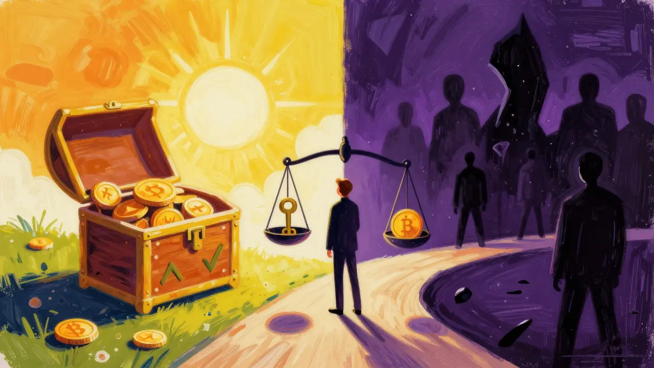 Abstract art showing the balance between high yields and security risks in crypto
