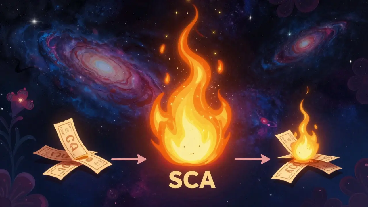 Abstract art showing tokens burning into light, representing deflationary mechanics.