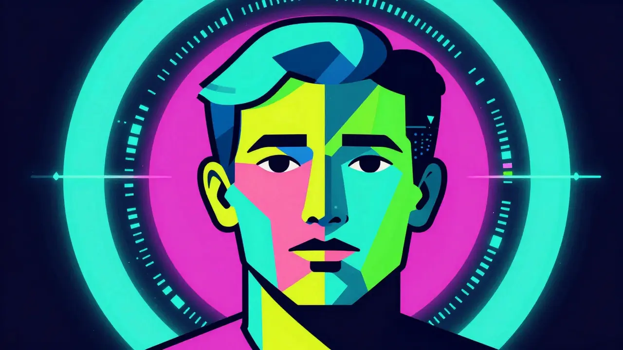 Abstract Peter Max illustration of an AI deepfake face morphing