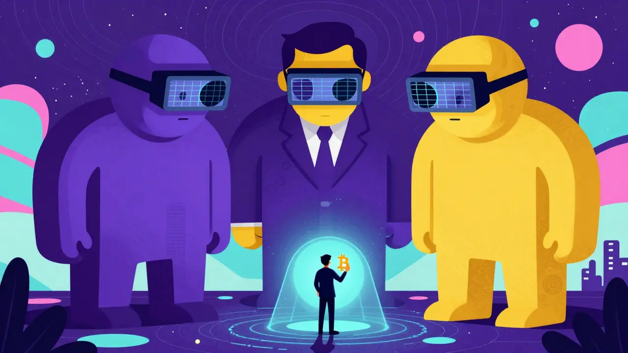 Abstract regulators looming over a crypto trader in vibrant colors