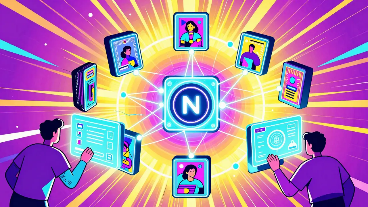 Abstract Web3 ecosystem with NFT books and tokens in psychedelic Peter Max art style.
