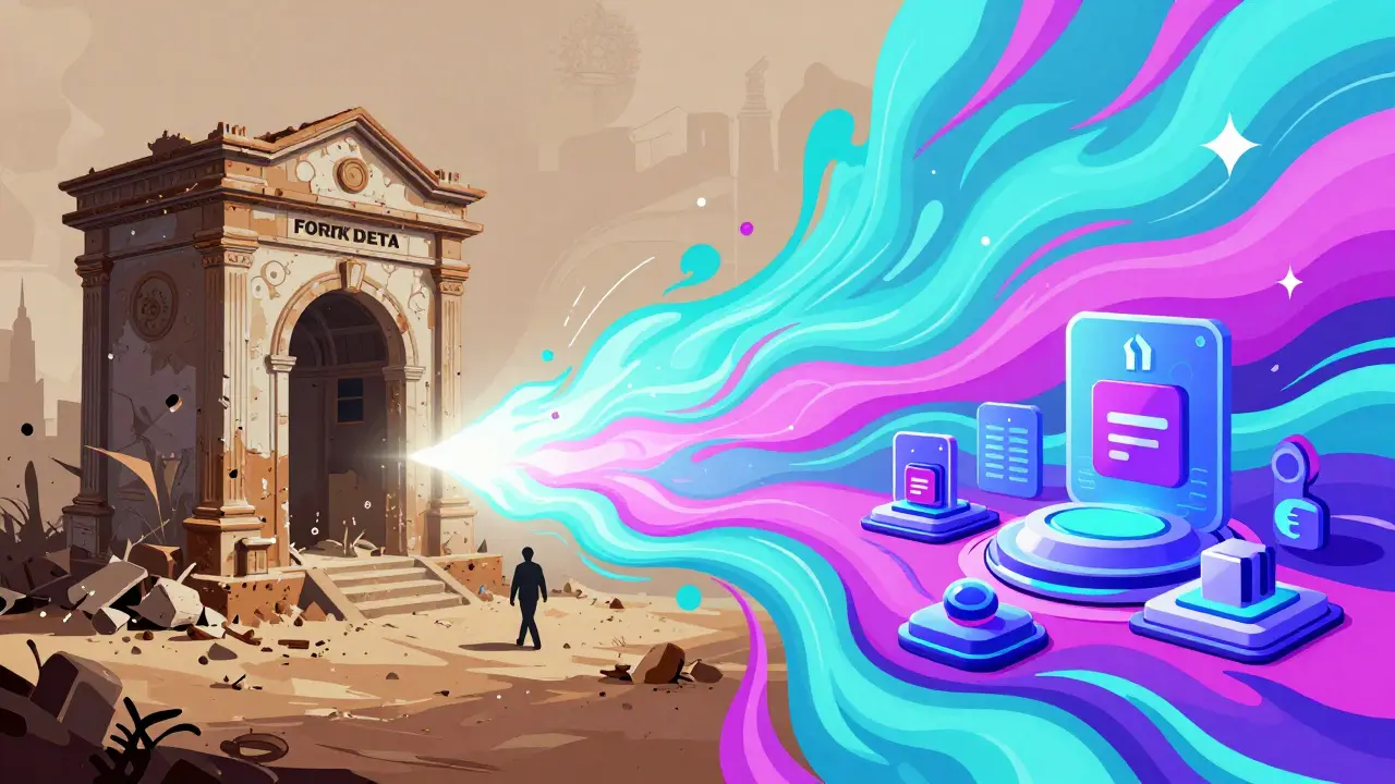 Artistic depiction of users leaving an old exchange for modern, vibrant platforms.