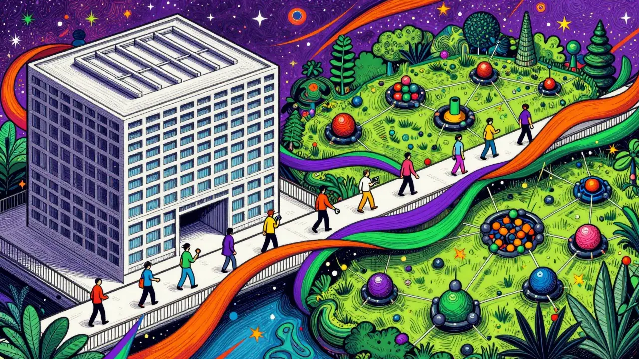 Colorful art showing the bridge between centralized and decentralized exchanges