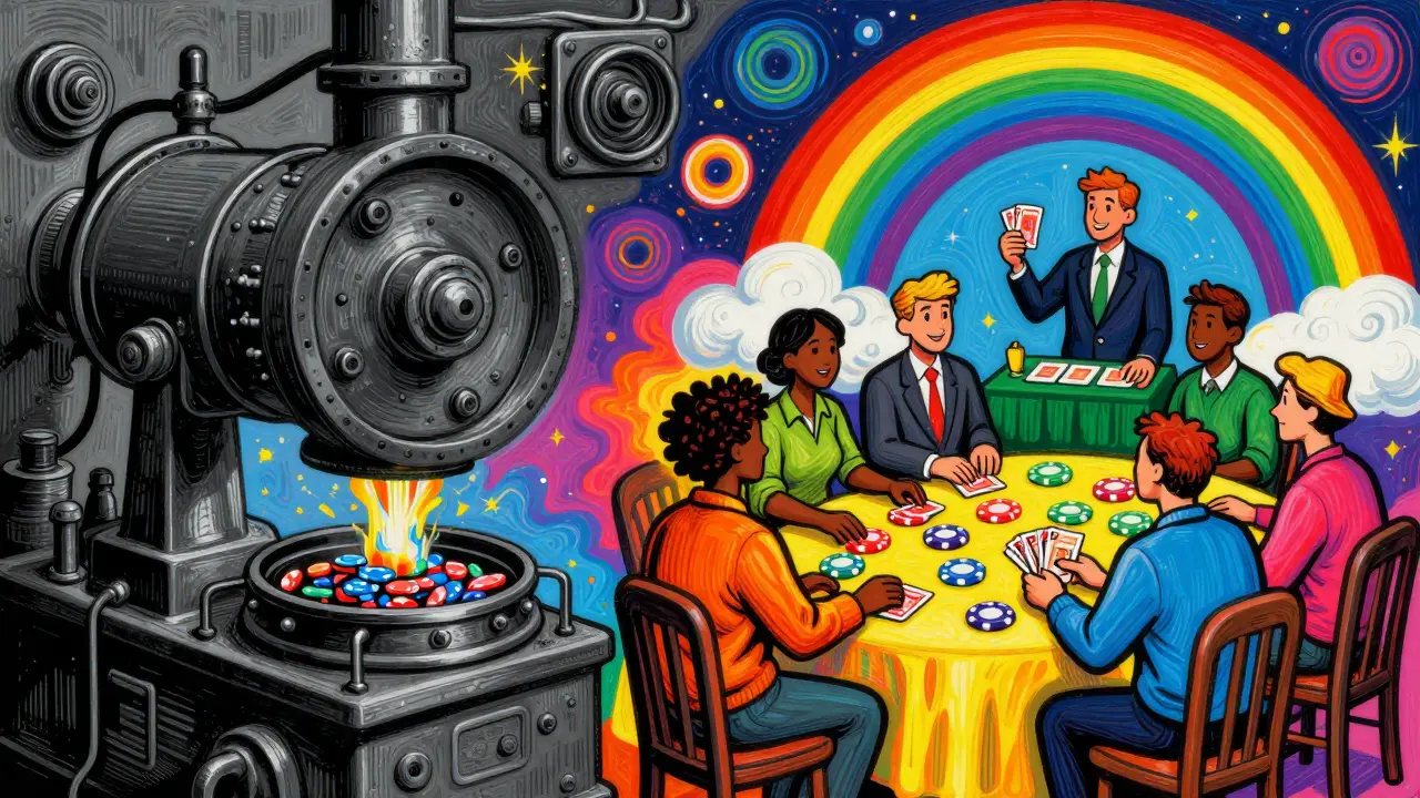 Colorful illustration contrasting heavy mining machines with vibrant proof-of-stake game