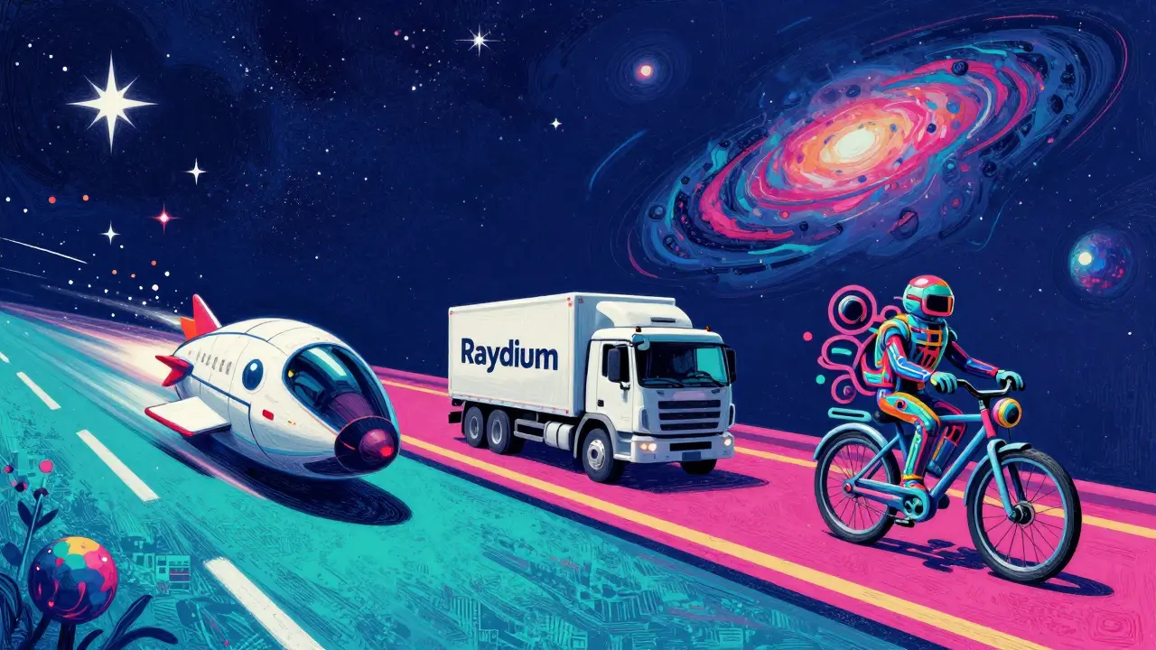 Colorful illustration of a fast rocket outpacing other vehicles on a cosmic road