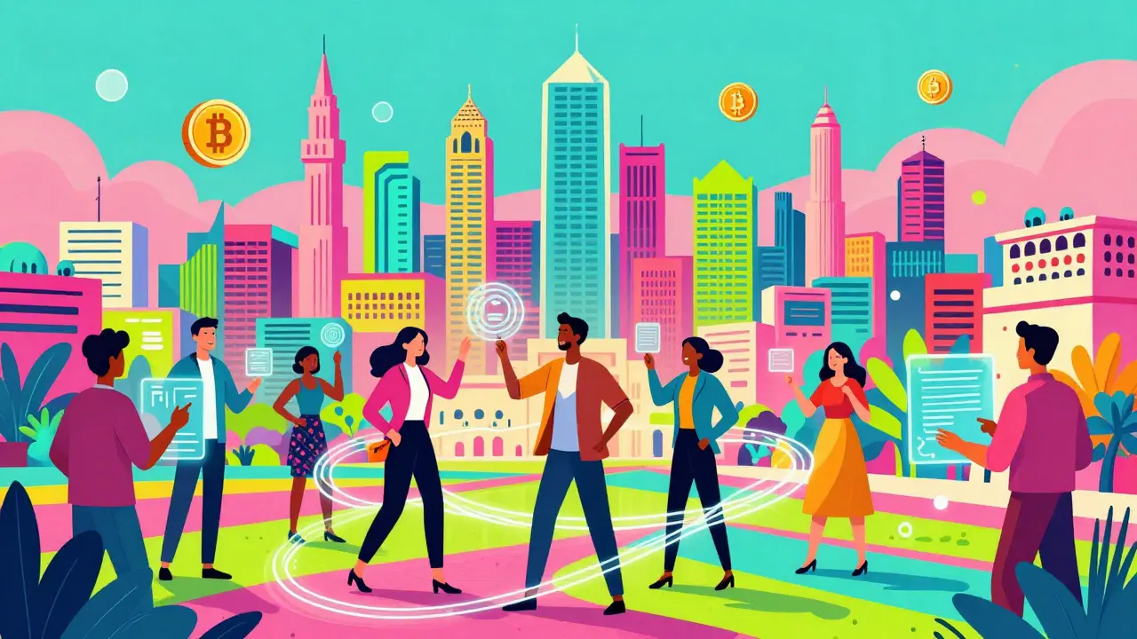 Colorful illustration of a futuristic Amman with integrated fintech and happy users