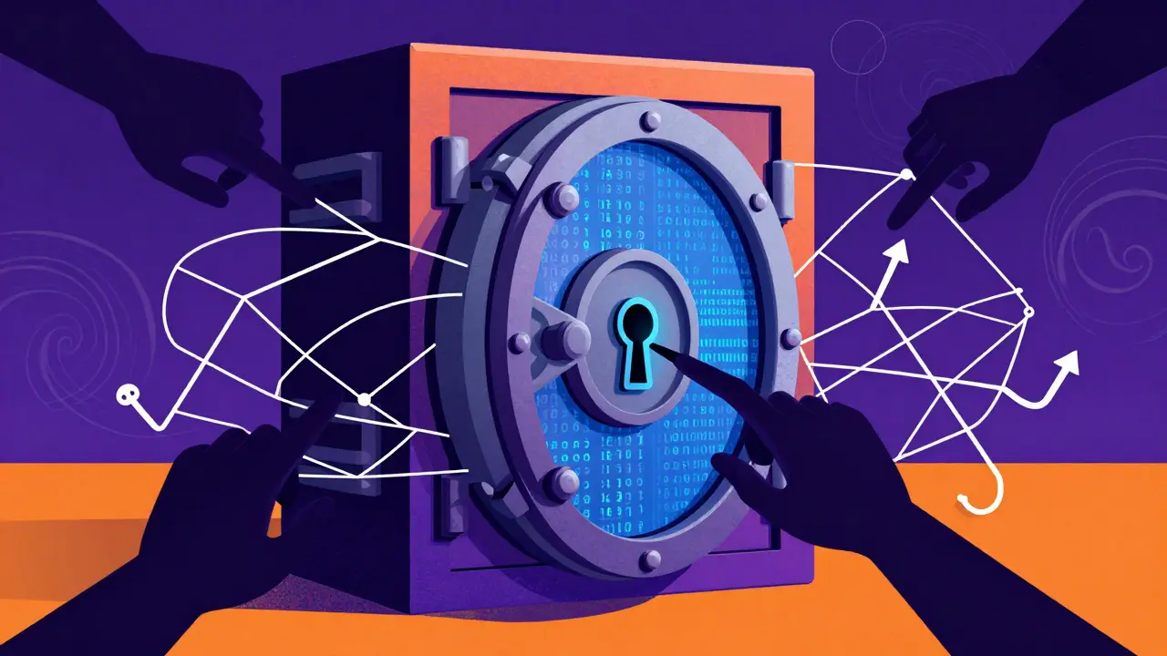 Colorful illustration of a secure vault under attack by phishing shadows.