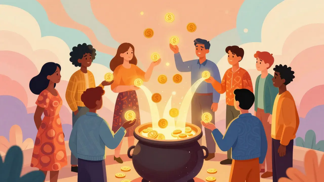 Colorful illustration of people pooling coins into a shared masternode reward system