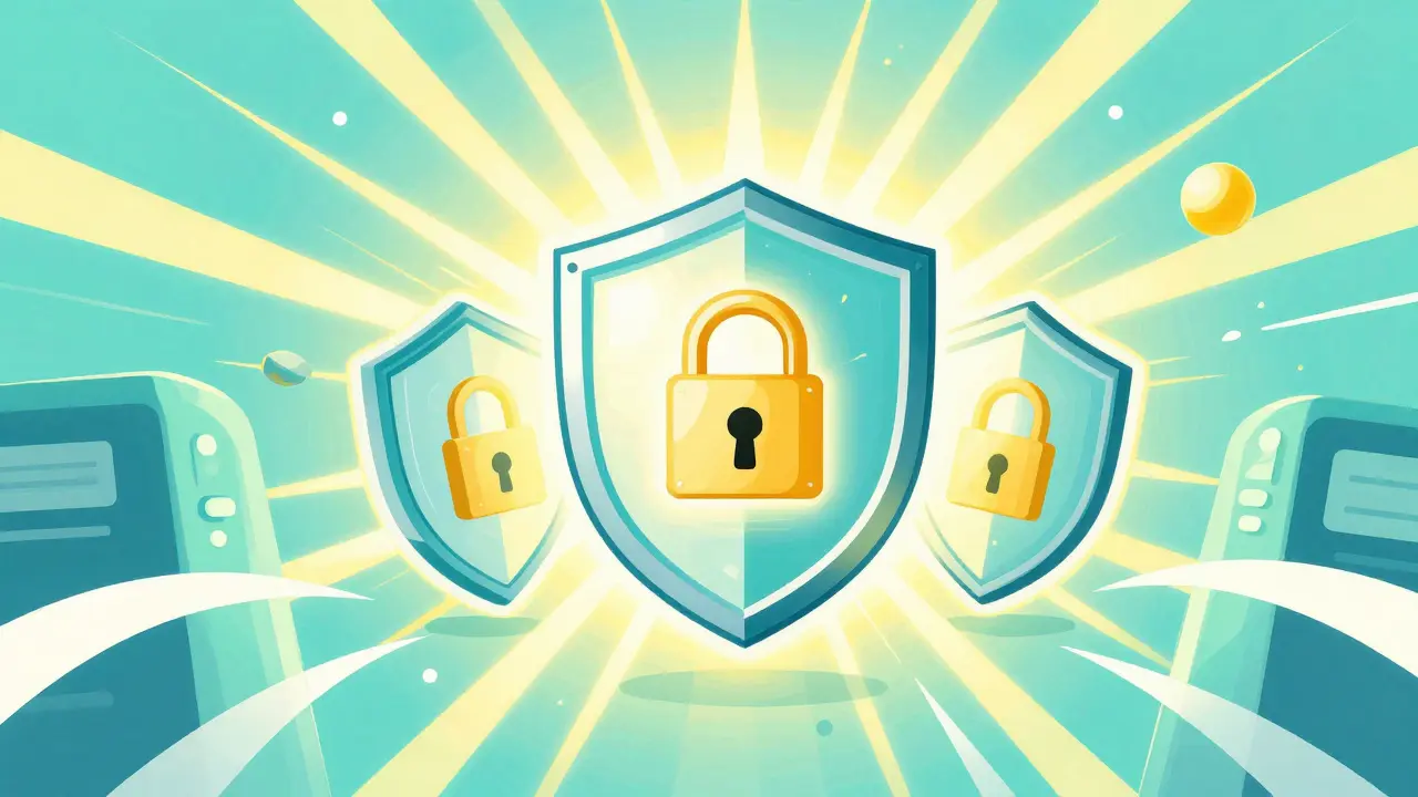 Colorful illustration of secure, shielded crypto assets representing safe trading