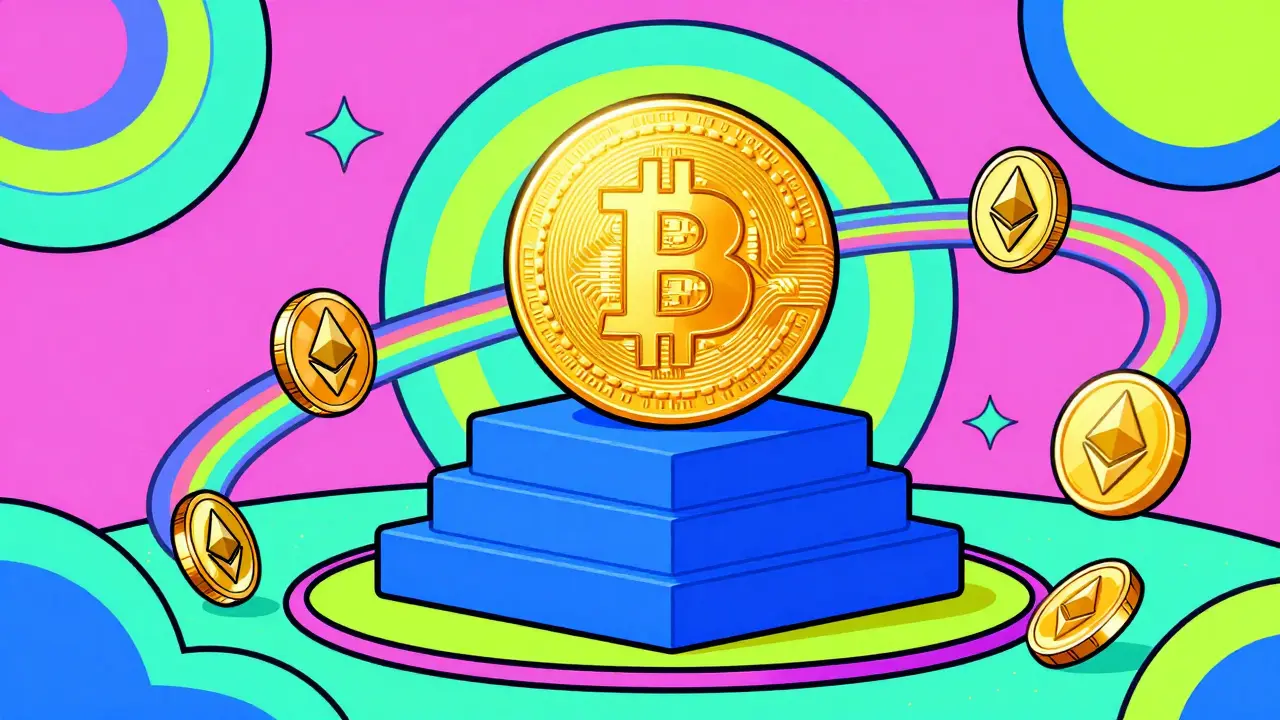 Colorful illustration of stable Bitcoin leading other cryptocurrencies