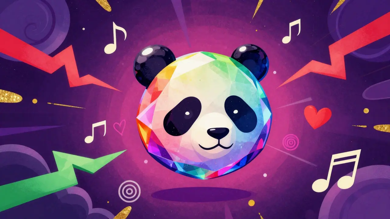 Colorful panda-shaped gem floating amidst symbols of market volatility and risk.