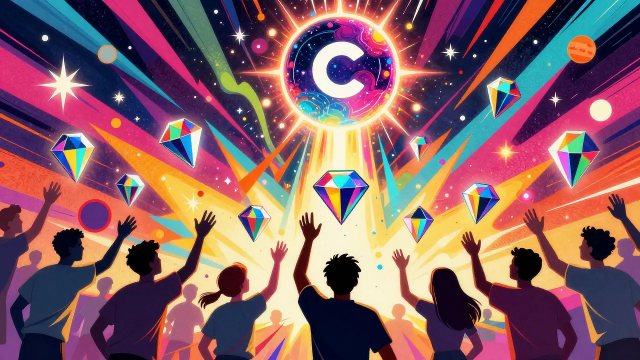Colorful Peter Max art of NFT rewards raining down from cosmic sphere