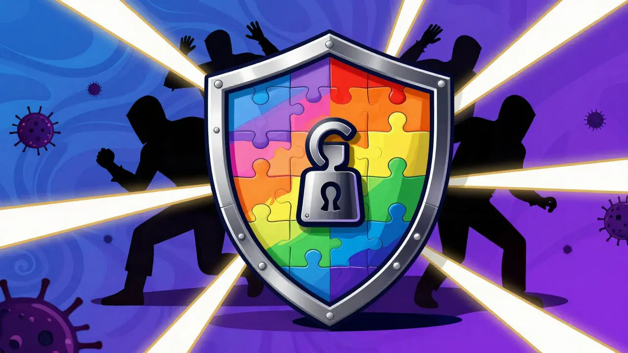 Colorful Peter Max art showing a hardware wallet protected by a shield