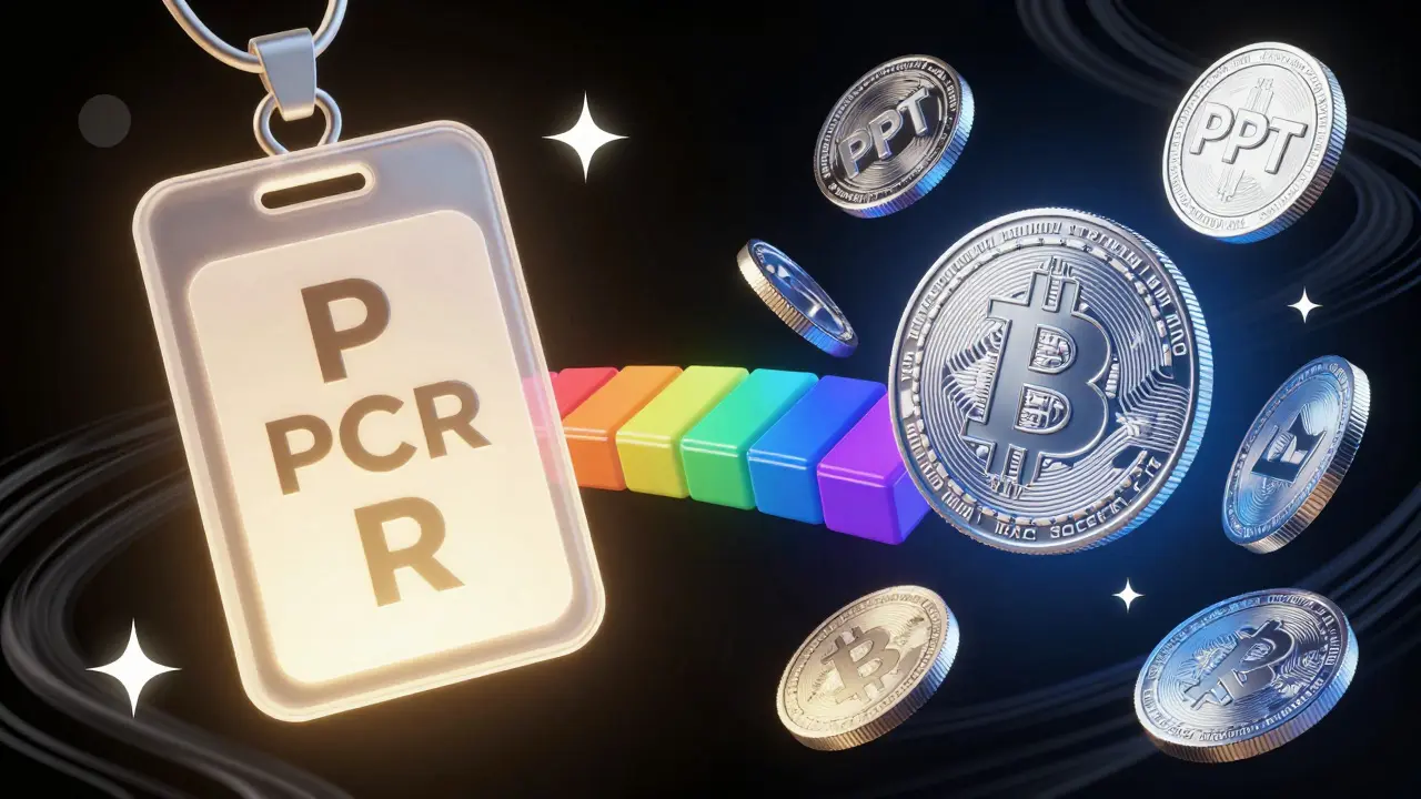 Colorful Peter Max art showing PCR reputation badges converting to PPT crypto coins