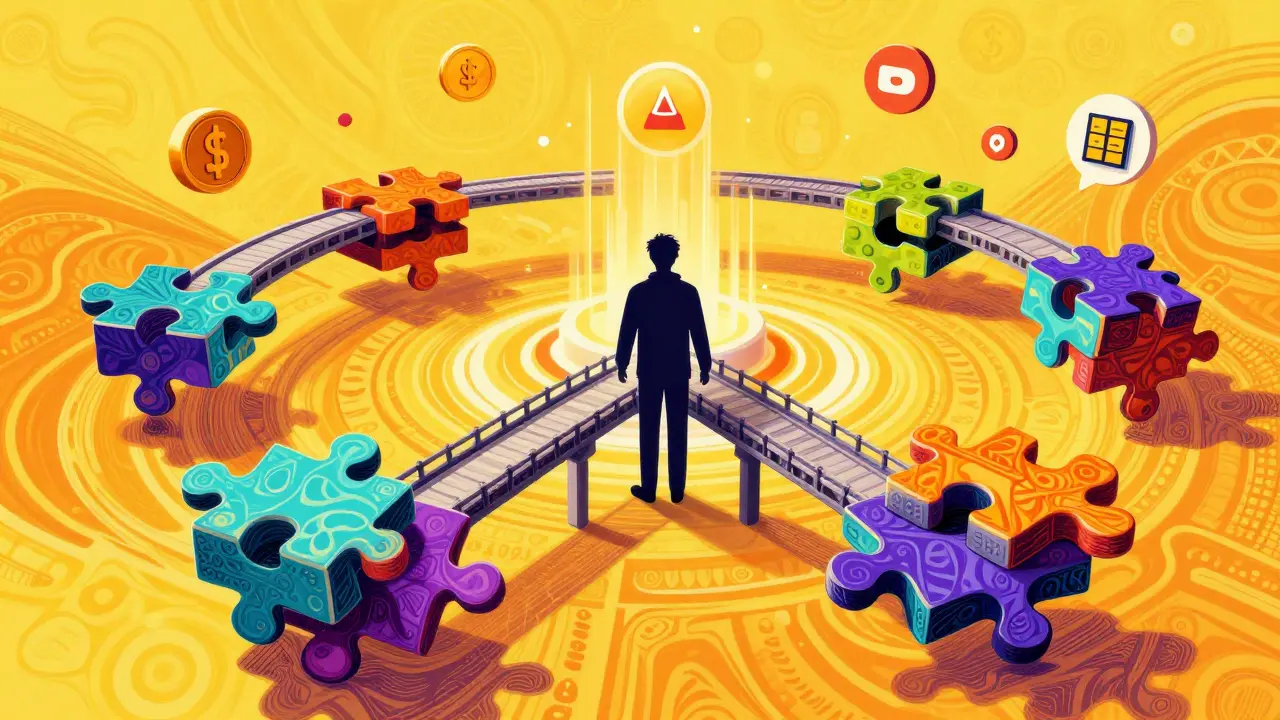 Colorful Peter Max illustration of a person connecting puzzle pieces toward a digital launchpad