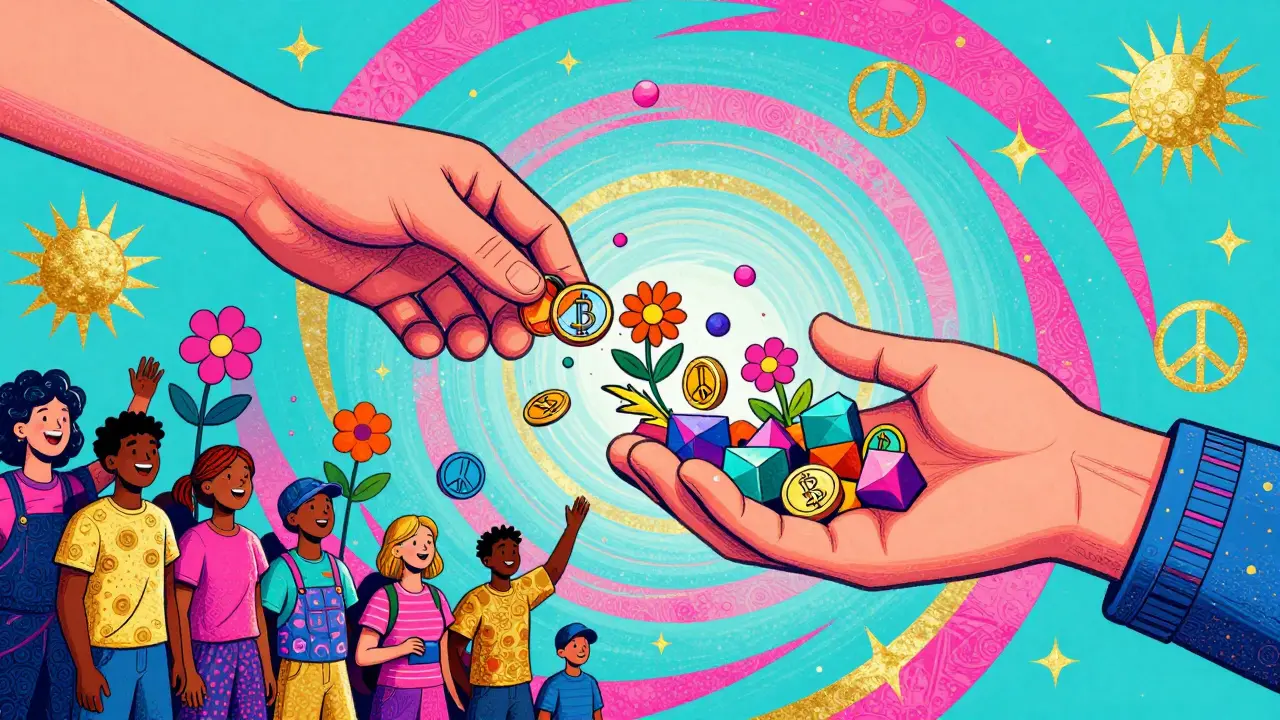 Colorful Peter Max illustration of crypto tokens turning into flowers and buildings for a community.