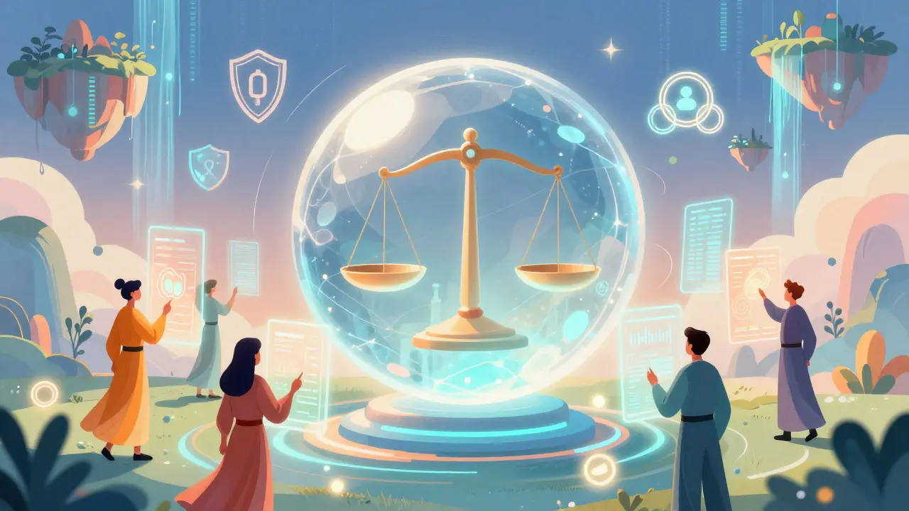 Colorful Peter Max style image of a crystal sphere with scales, symbolizing fair crypto allocation.