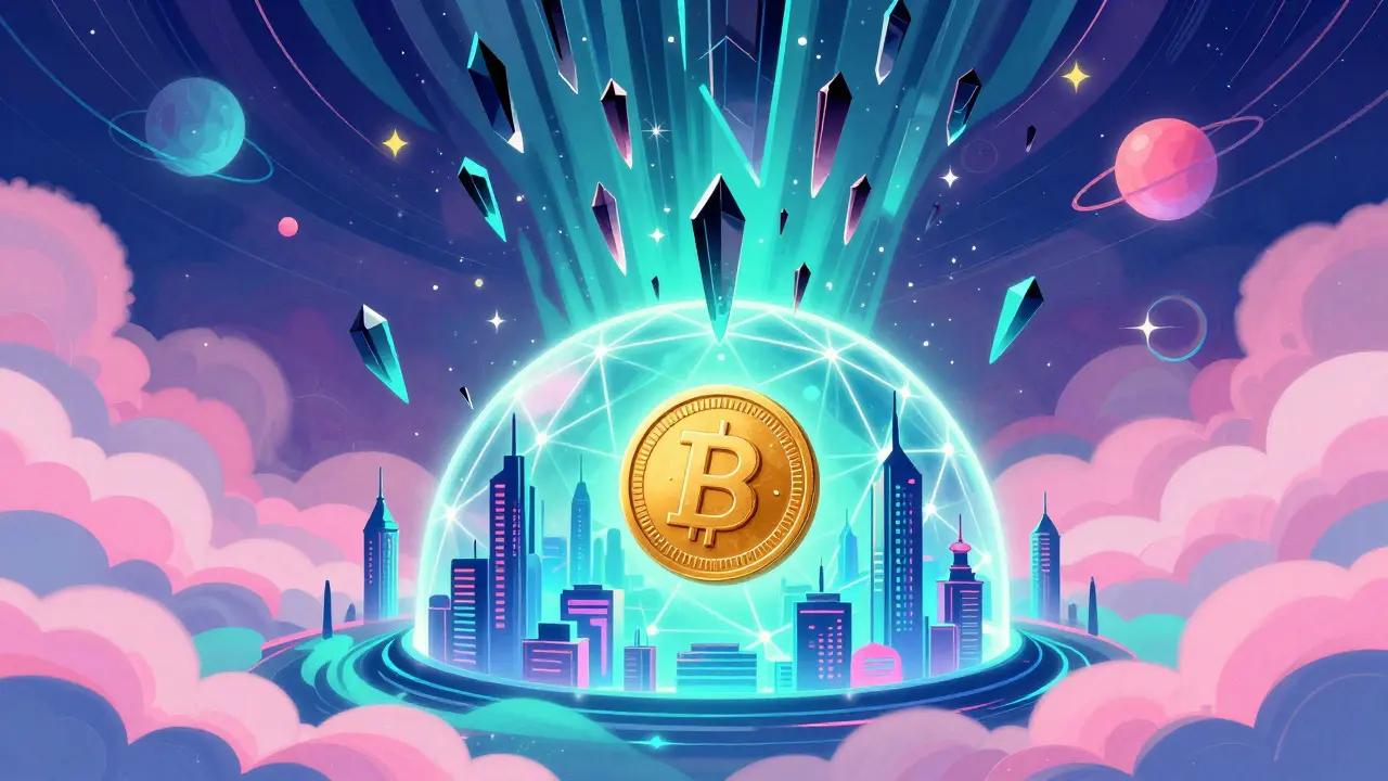 Futuristic city protected by a geometric dome from quantum threats in Peter Max style.