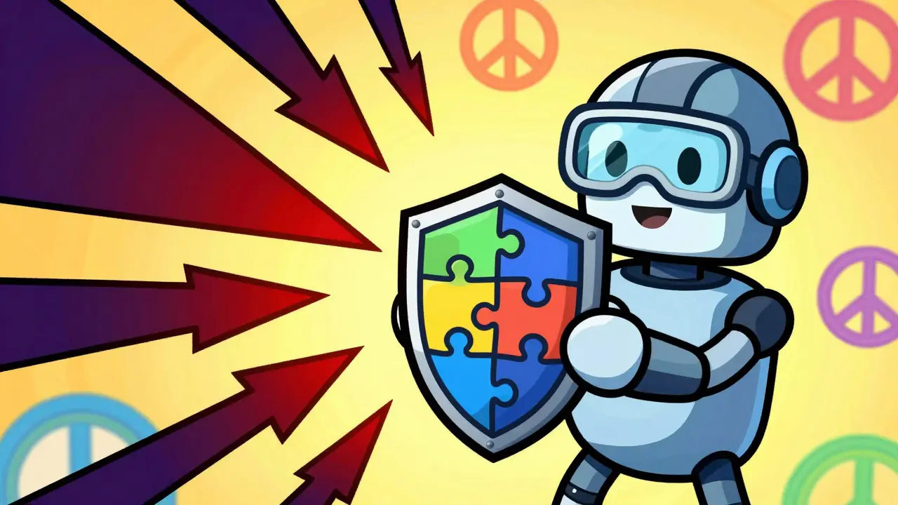 Peter Max style art of a robot holding a shield against scams in a bright, colorful background.
