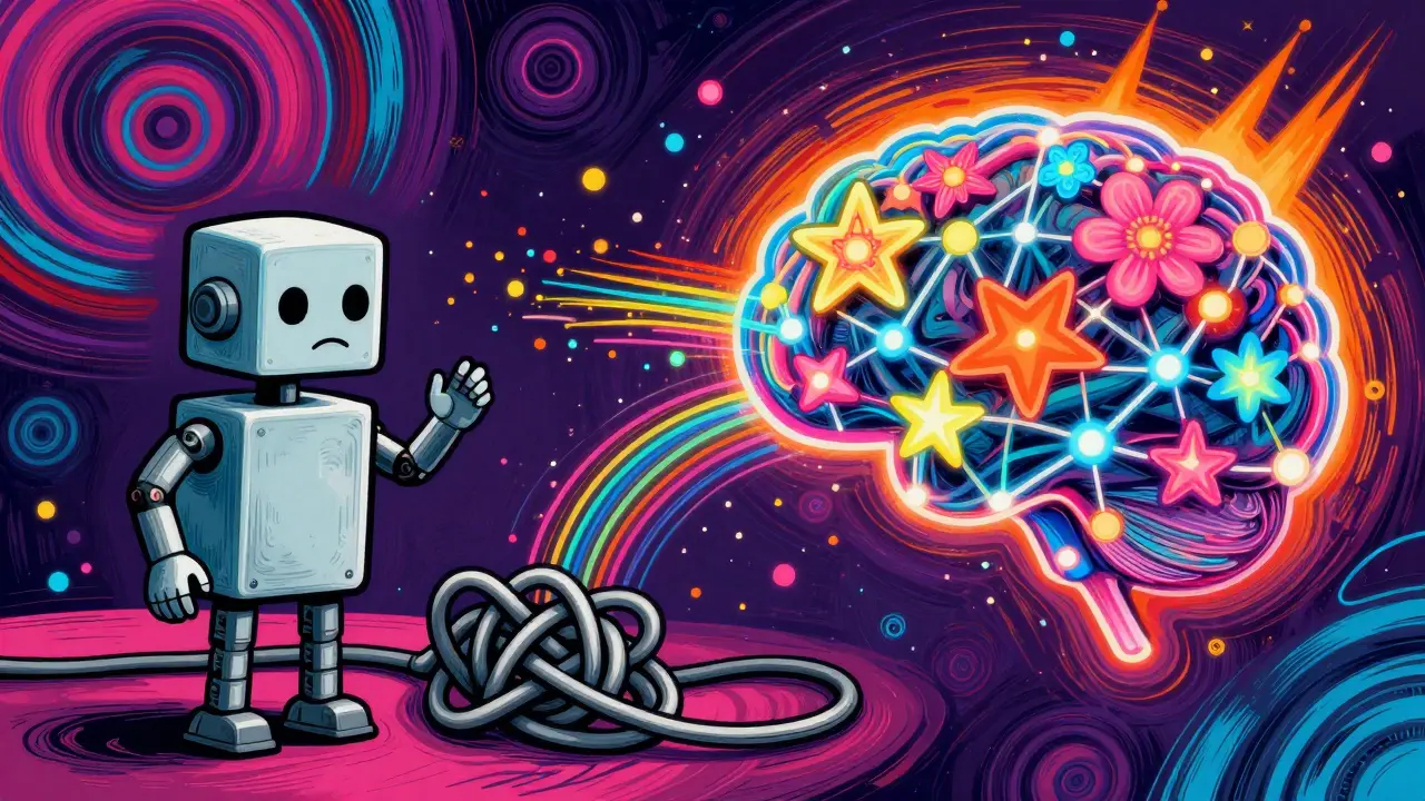 Peter Max style illustration comparing old static fee tools with modern AI neural networks.