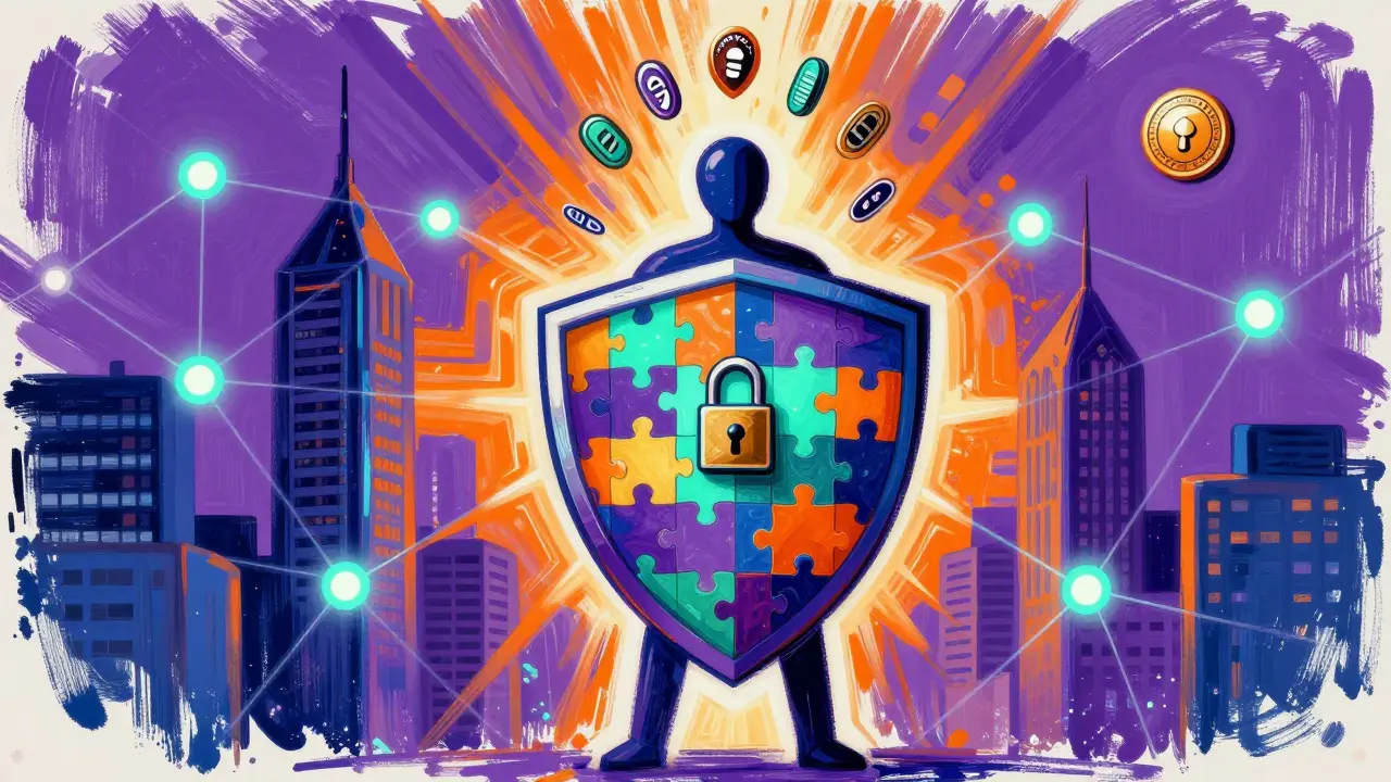 Peter Max style image of a user protected by decentralized web3 security shields