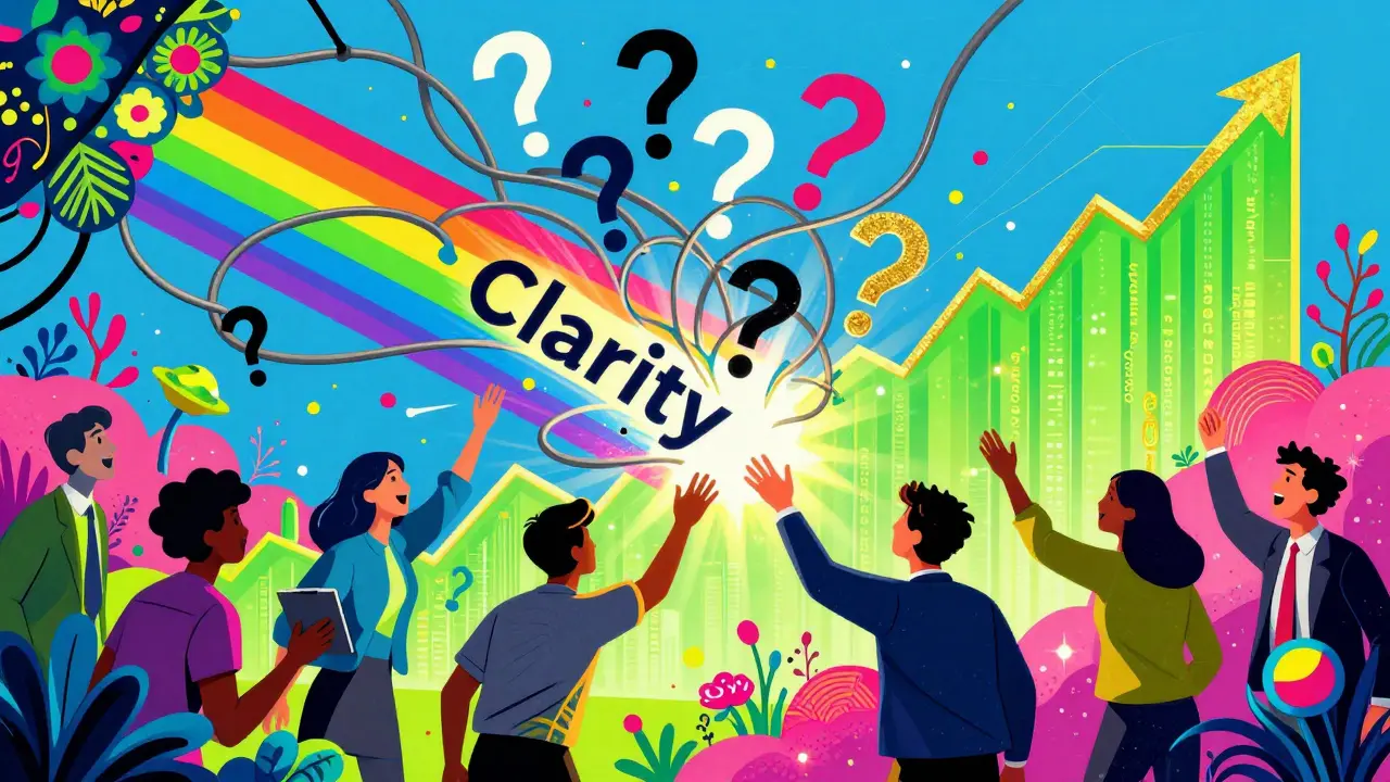 Rainbow light untangling regulatory chaos for businesses, showing market growth and clarity.