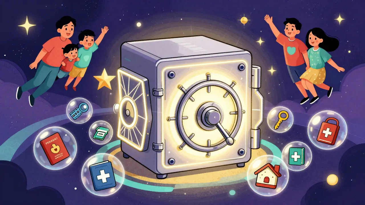 Secure glowing digital vault protecting family data in vibrant colors