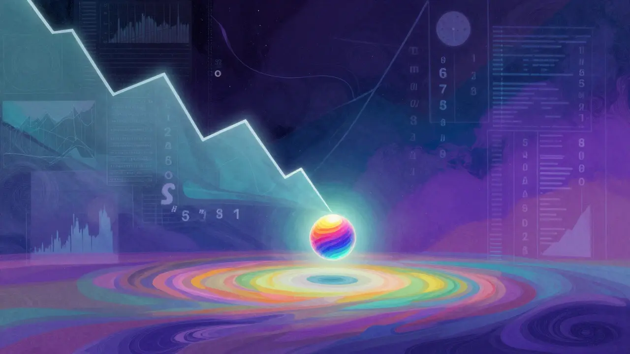 Small glowing token in vast colorful space, Peter Max style