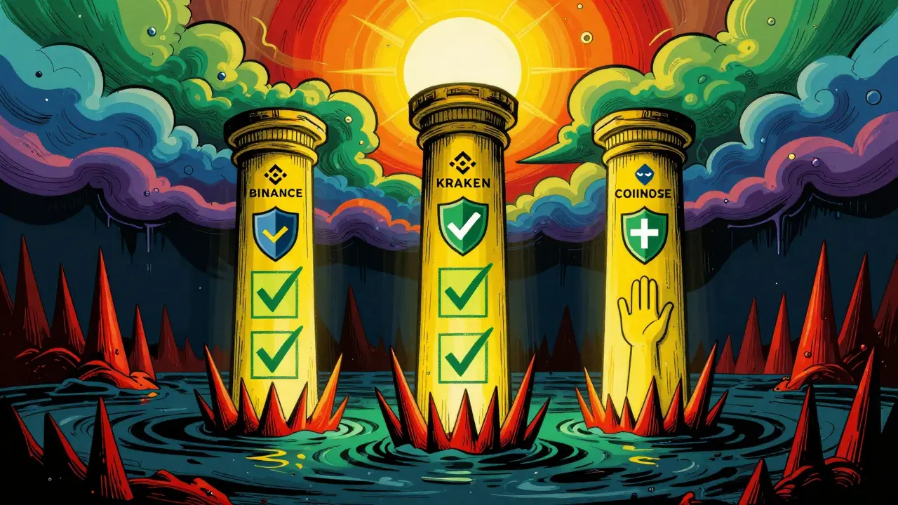 Three glowing pillars of safe exchanges rise from a dark swamp in vibrant Peter Max style.