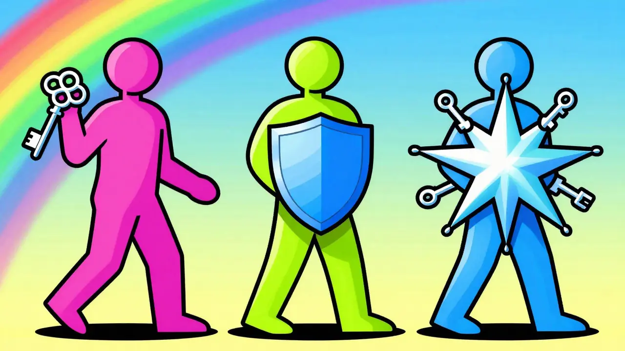 Three stylized figures representing ECDSA, EdDSA, and Schnorr in vibrant pop art.