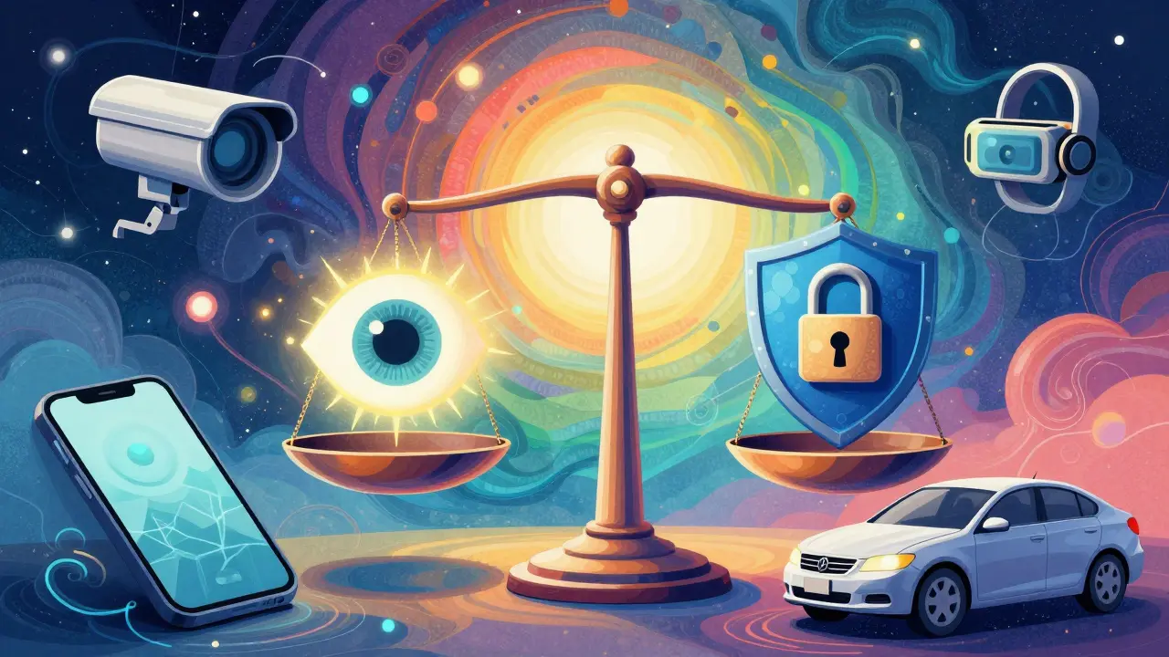 Vibrant art balancing AI insight with privacy and trust in daily life.