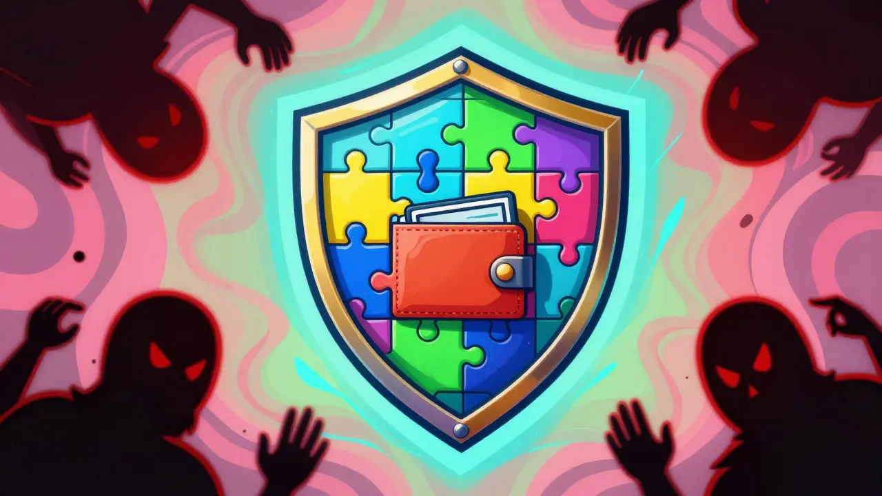 Vibrant art showing a shield protecting a crypto wallet from scam threats