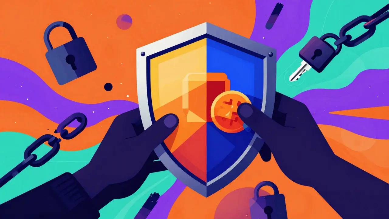 Vibrant art showing shield protecting crypto wallet from scammer hands