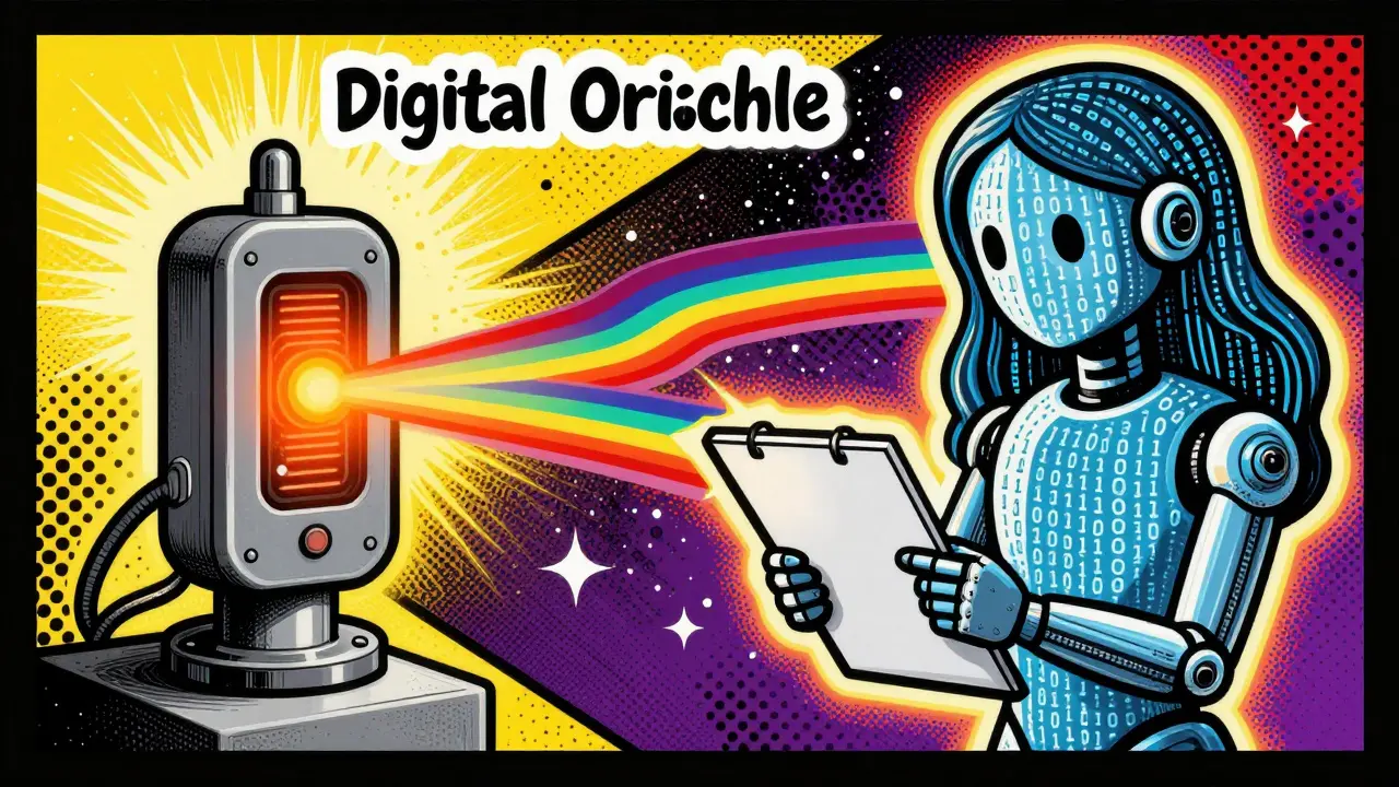 Vibrant cartoon of a digital oracle verifying a water pump sensor via a rainbow data stream in Peter Max style.