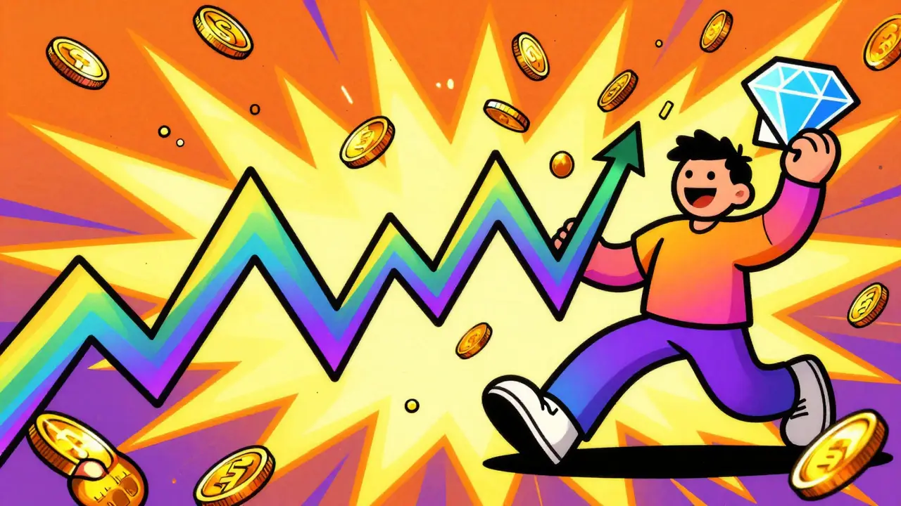 Vibrant cartoon of a dynamic trading chart raining gold coins and NFTs