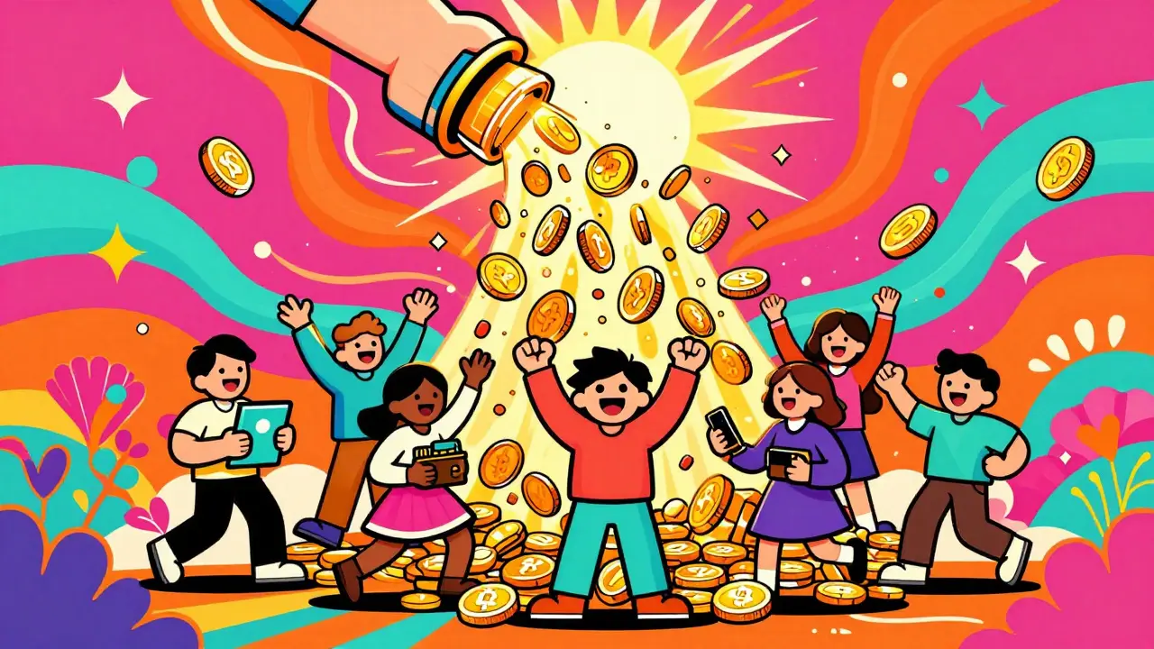 Vibrant Peter Max illustration of colorful coins raining down on happy cartoon crypto users.