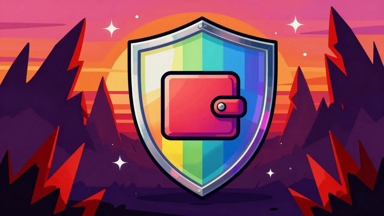 Vibrant Peter Max style image of a rainbow shield protecting a crypto wallet from threats
