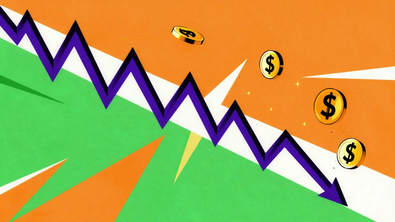 Abstract art showing a crashing price trend with dissolving money symbols