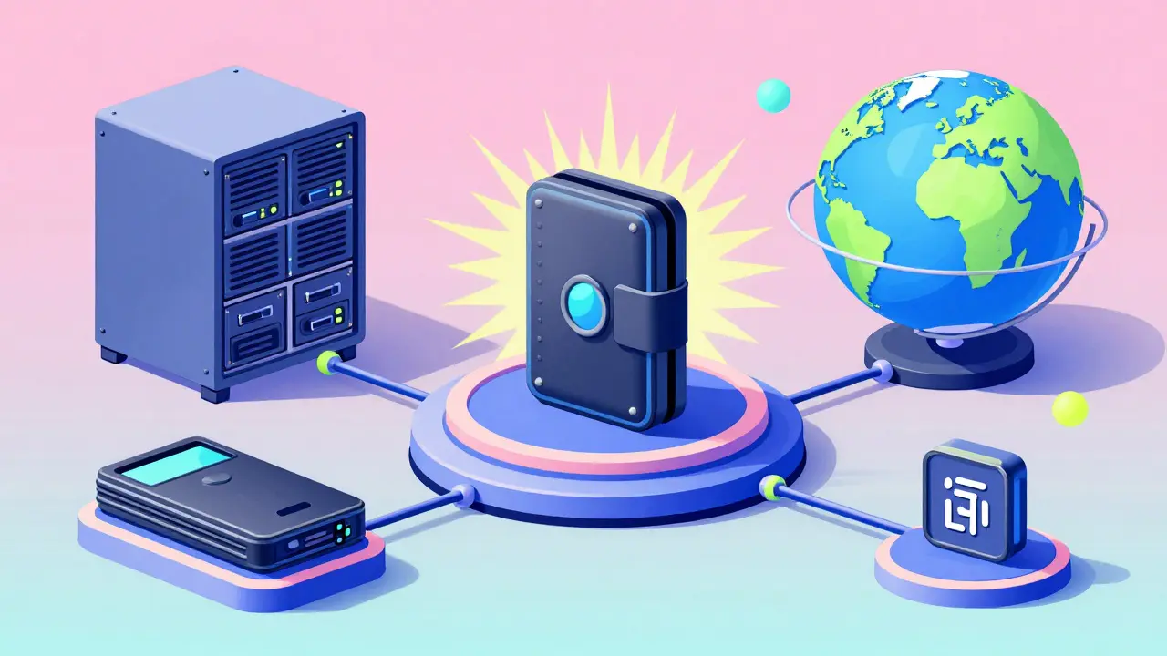 Abstract depiction of secure crypto payment integration in Peter Max artistic style.