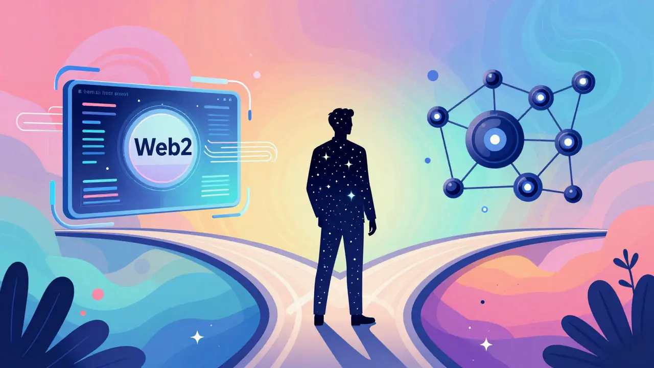 Abstract figure bridging web2 and web3 trading worlds