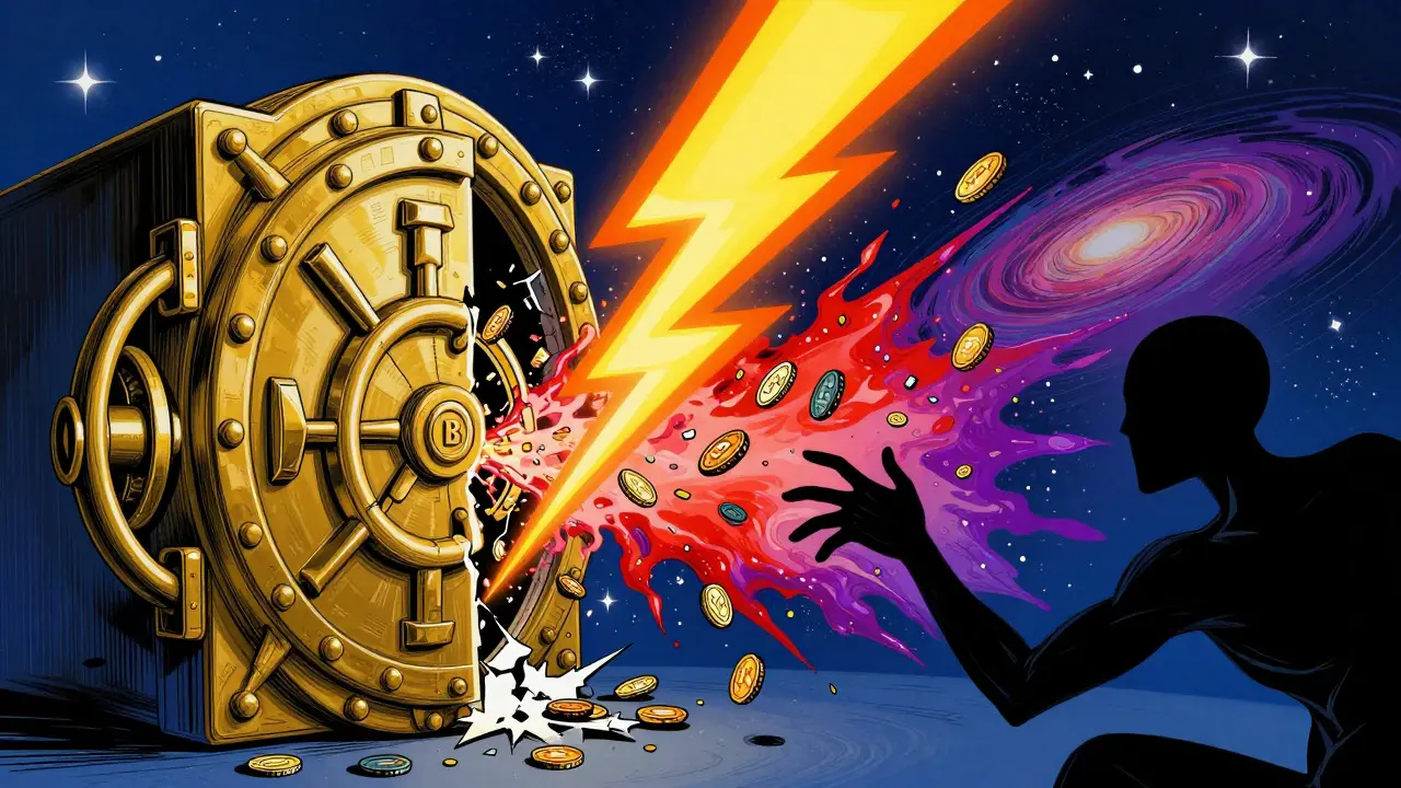 Abstract illustration of a vault breaking open with coins flying out in chaos
