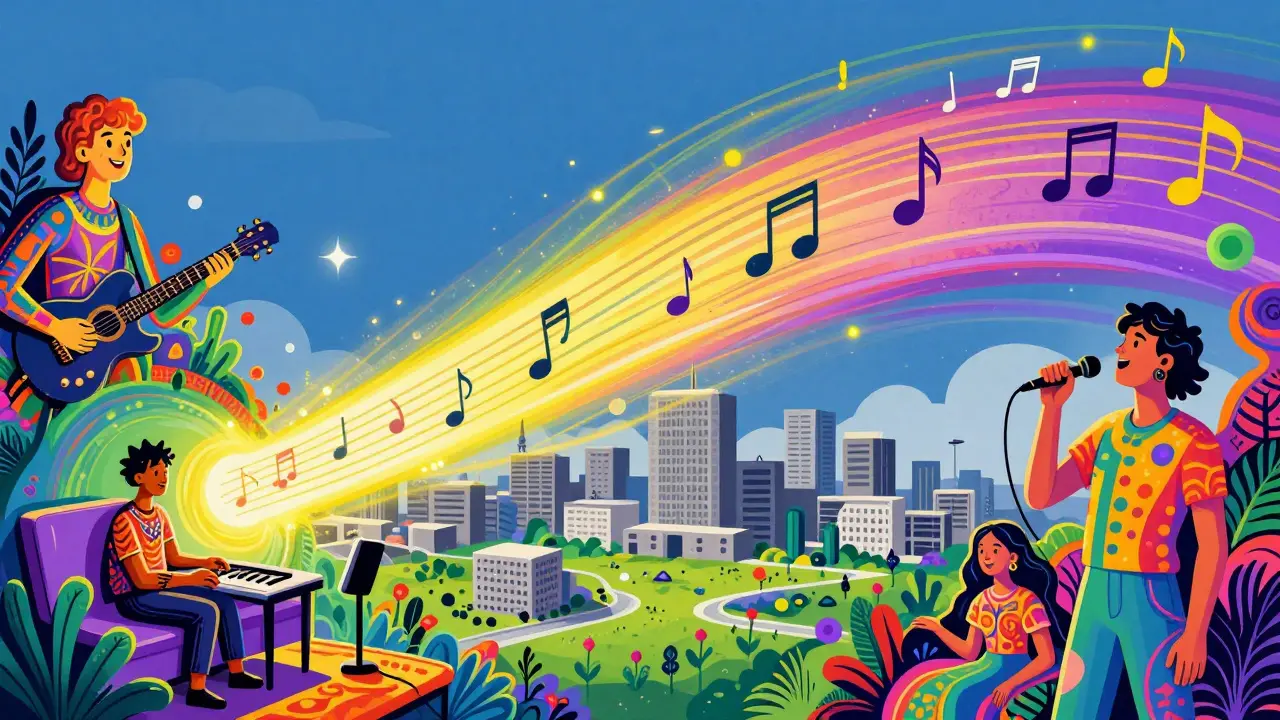 Artists connected by a radiant beam of light bypassing corporate buildings