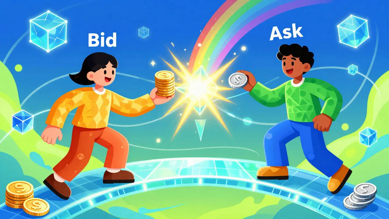 Cartoon characters executing a direct trade on an order book